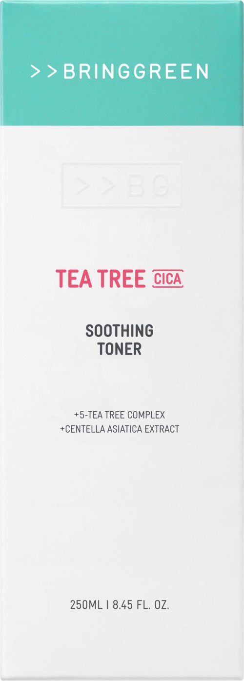 Bringgreen tea tree beroligende toner på boks med blå, hvid og pink design og tekst.
