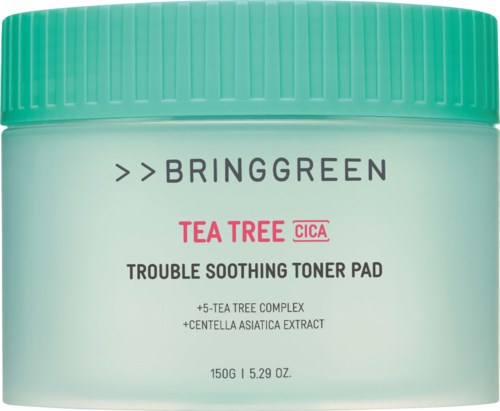 Bringgreen Tea Tree Cica toner pad i en grøn beholder med ribbet låg, indeholder 150 gram beroligende hudpleje.