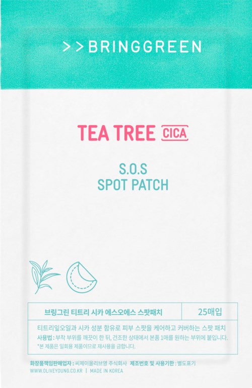 Bringgreen te-træ og citrusaft illustrationer på emballagen af Tea Tree CICA SOS spot patches.
