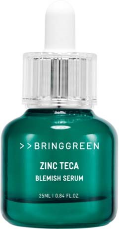 Zinc Teca Blemish Serum i en grøn glasflaske med hvid dråbetrop-kap.