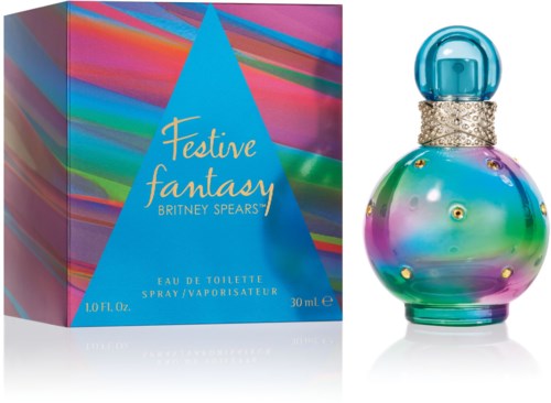 En färgglad parfyllfylld flaska och matchande box med regnbågsstrimmor och blå kork. Etiketten säger 'Festive Fantasy Britney Spears'.