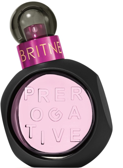 En parfymflaska med en rosa rund kropp och svart bas, med "BRITNEY" på toppen och "PROPAGATIVE" präglade i relief.