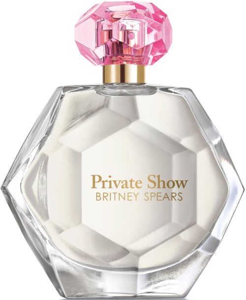 En parfongflaska med stor rosa kork och en klar, hexagonformad glas kropp märkt "Private Show" av Britney Spears.