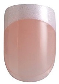 En nagel med rosa nagellack och vit topp, formad som en oval.