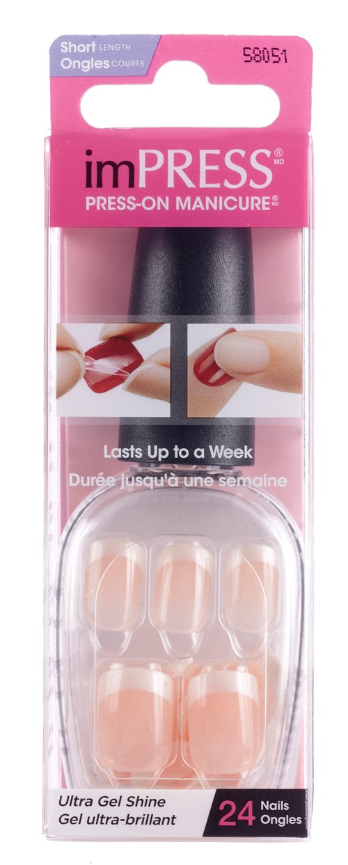 Förpackning med självhäftande nageltippar, 24 naturliga naglar, som håller i upp till en vecka med gel-glans.
