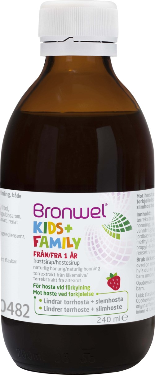 Brązowa butelka z lekiem z białą nakrętką, na etykiecie napis Bronwel Kids+ Family na kaszel i ból gardła.