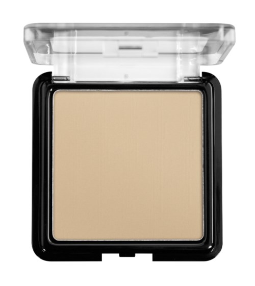 Ett beige puder i ett svart kompakt fodral med ett tydligt lock som öppnas.