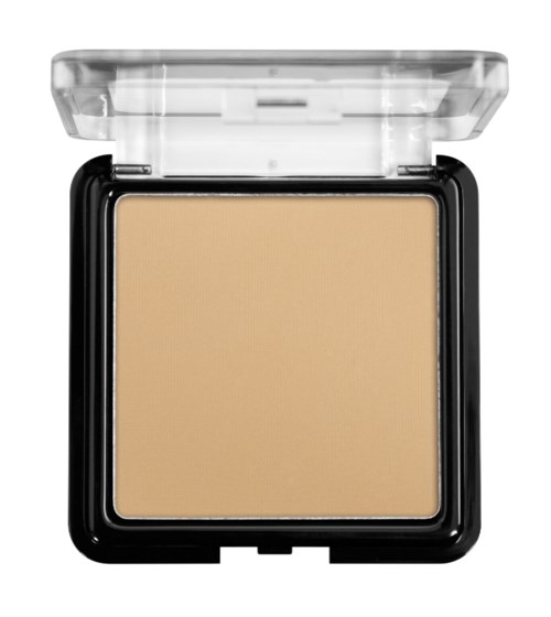 En beige pressad puder i en svart kompakt med ett genomskinligt lock. Ingen synlig märke. Enkel makeuppresent.