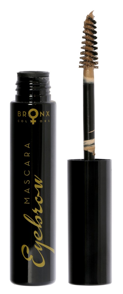 En svart mascara-rör med guld- och vitt text, öppet med en spiralborste inuti.