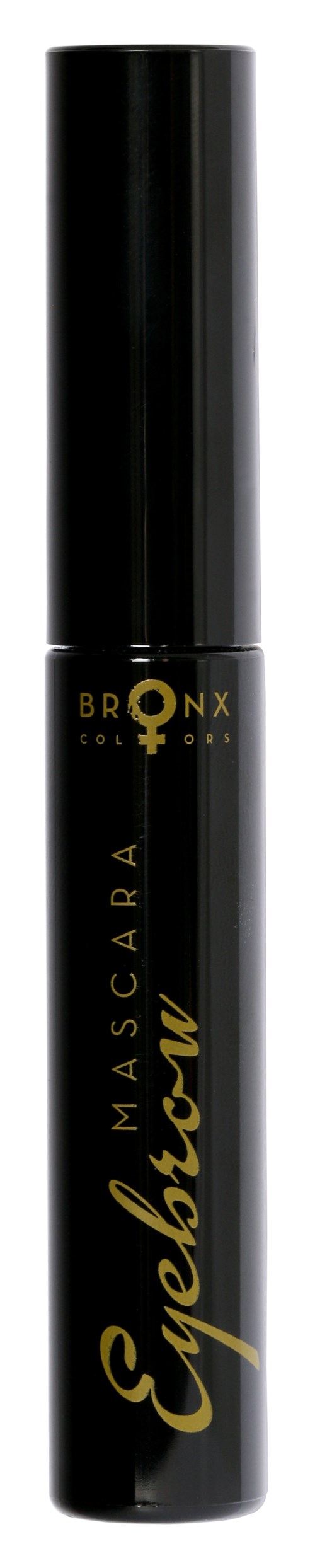 En svart mascara-rör med guldfärgad text, märkt "Eyelash" och "Mascara" från Bronx Cosmetics.