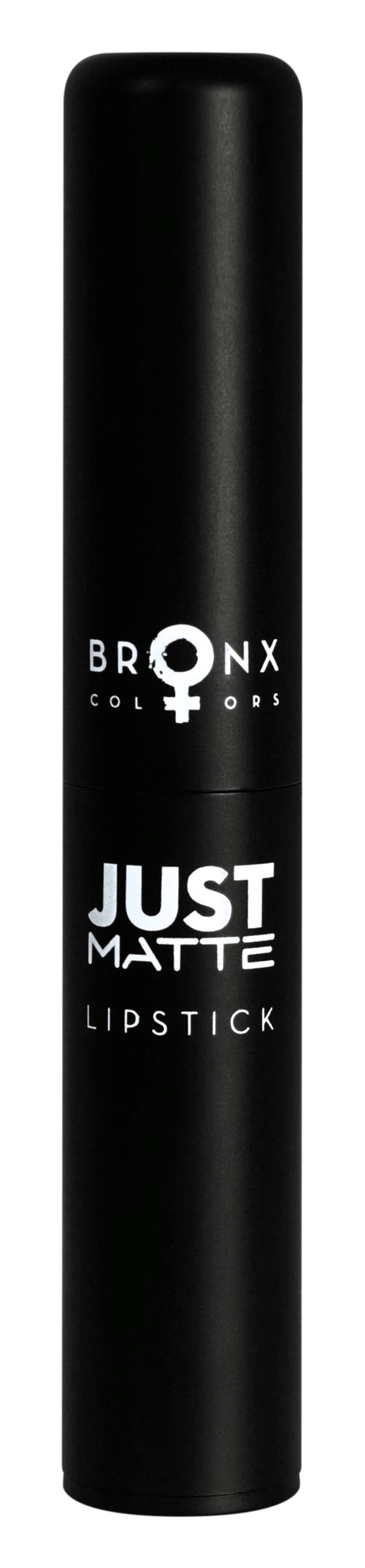En svart cylindrisk läppstiftstift med vitt text, säger 'Bronx Colors,' 'Just Matte' och 'Lipstick.'