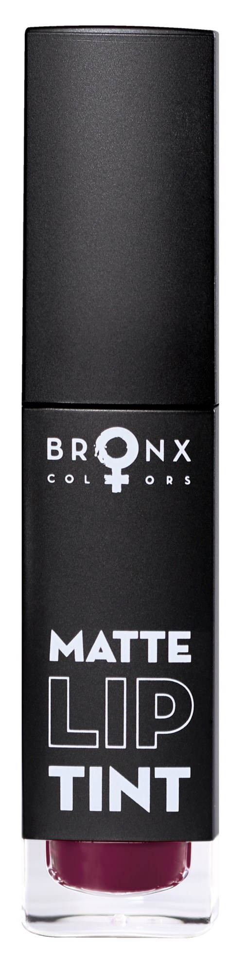 Svart leppekremforynding med hvit og lilla tekst, merket 'Bronx Colors Matte Lip Tint.'