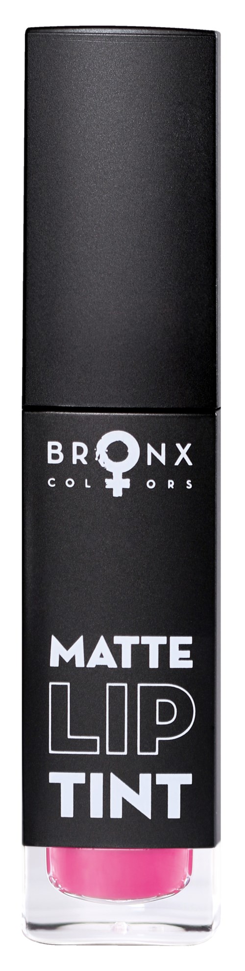 En svart läppstiftshållare med orden "Matte Lip Tint" och en rosa läppprodukt längst ner.