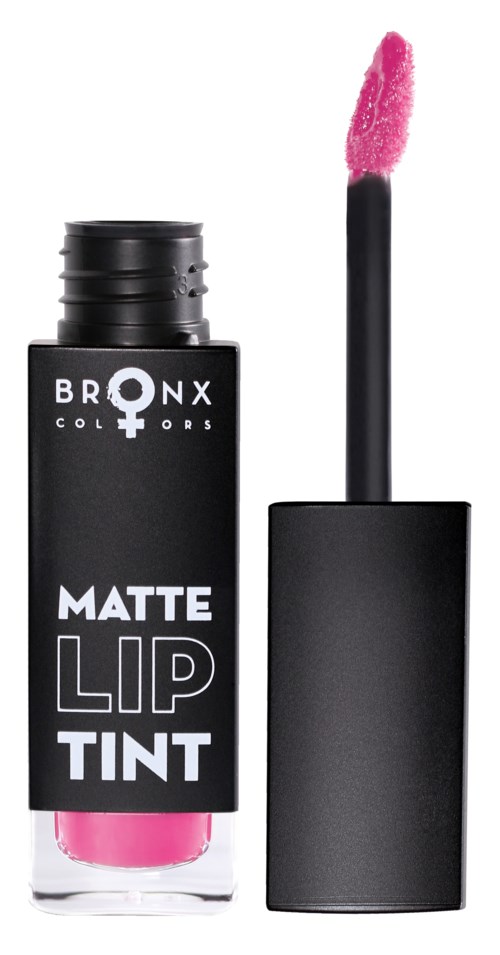En svart läppstiftstift med en rosa färgapplicator, märkt "Matte Lip Tint" från Bronx Colors.