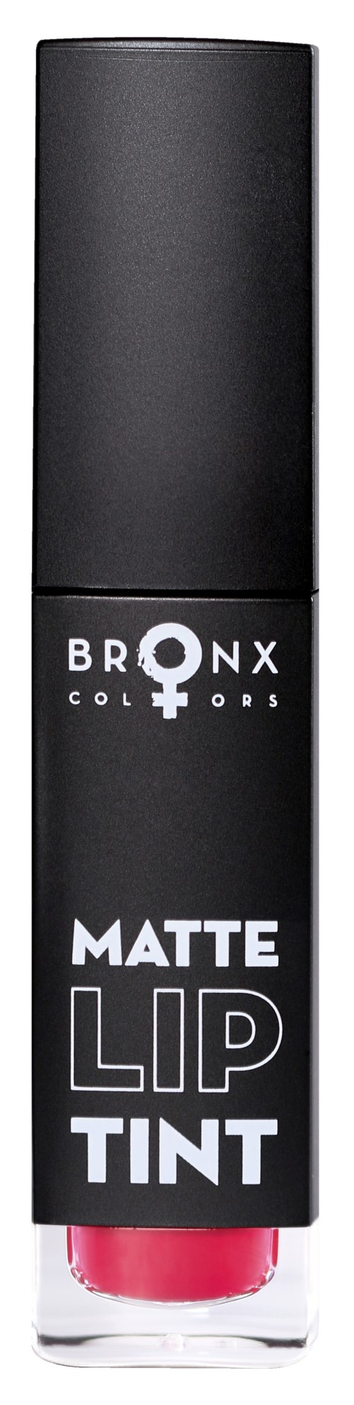 En svart tube med Bronx Colors matt lepptint med gjennomsiktig bunn som viser rosa leppekrem.