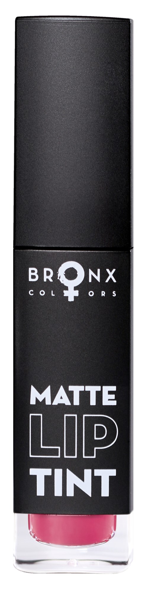 En svart tub med matt läppfärgtint med Bronx Colors-logotypen, som visar en rosa läppfärg längst ner.