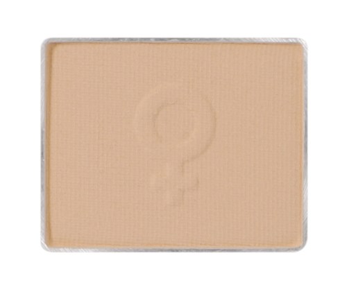 En beige makeup-kompakt med en subtil cirkulär design på toppen.