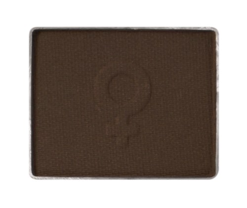 En brun, rektangulär makeup-ögonskuggspalett med en symbol och en liten pil.