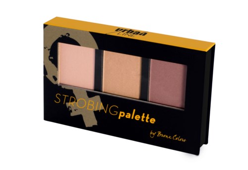 En makeuppalett med tre nyanser av rosa, i en svart och gul låda. Den heter 'Strobing palette' av Bruna Clara.