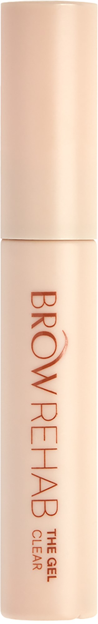 En beige tub med lock, märkt "BROW REHAB THE GEL CLEAR."