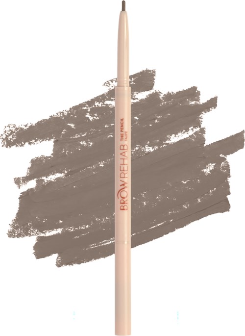 En beige brynpenn med borsttips, märkt 'BROWPERFECT' på en grå bakgrund.