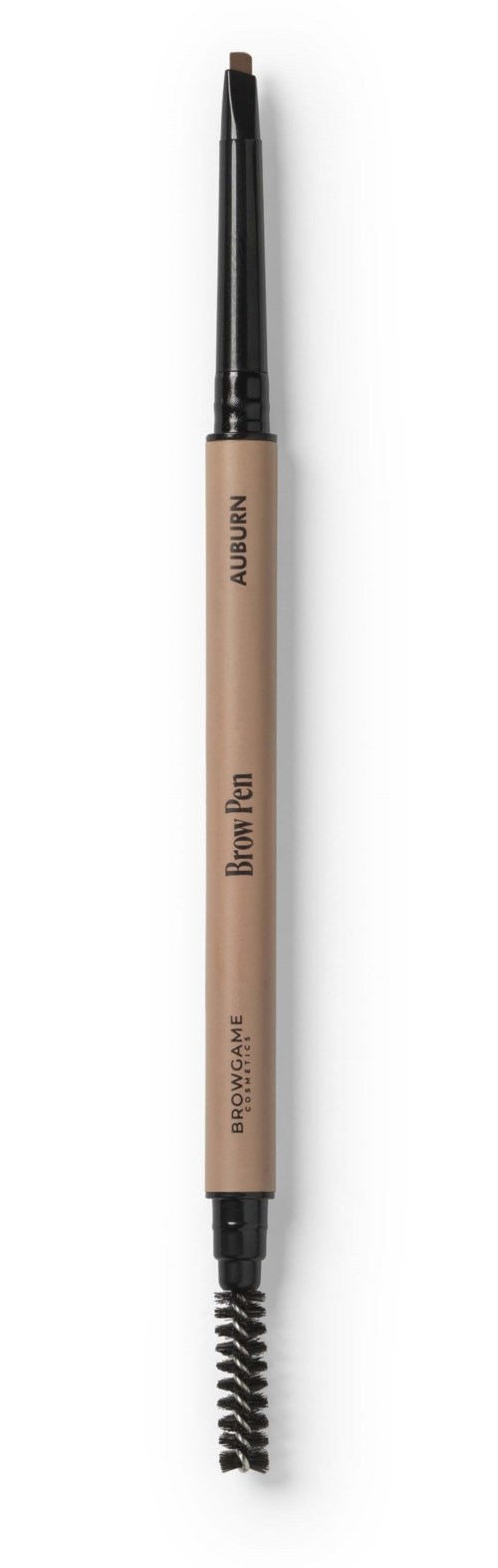 Monipäisesti kulmakynä, jossa on harja toisella puolella ja kynä toisella, beige keho ja musta kärki.
