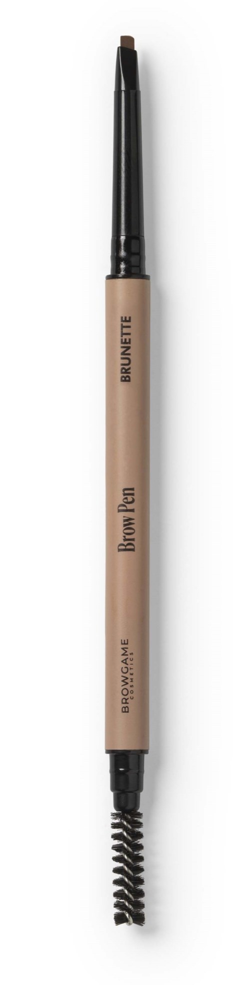 Kulmakarvan kynä ja spoolie, merkattu 'Brow Pencil' ja 'Brow Tinter' beigen värisessä käsitaipeessa.