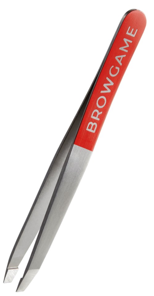 Para metalowych pęset z czerwonymi plastikowymi końcówkami, oznaczone "BROWGAME."