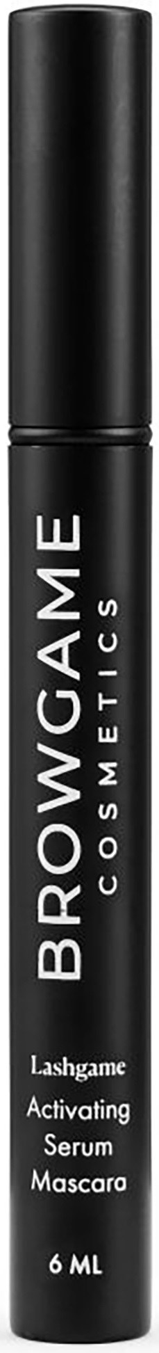 En svart tube med hvit tekst for Browgame Cosmetics Lashgame aktiverende serum mascara. Merket som 6 ml.