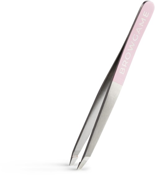 Ett par silverfärgade pincetter med rosa på handtaget som säger 'BROW GANE'.