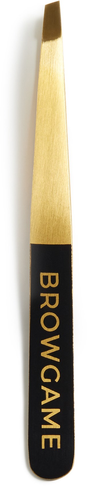 En makeupborste i guld och svart märkt "BROWGAME" med spetsig spets.