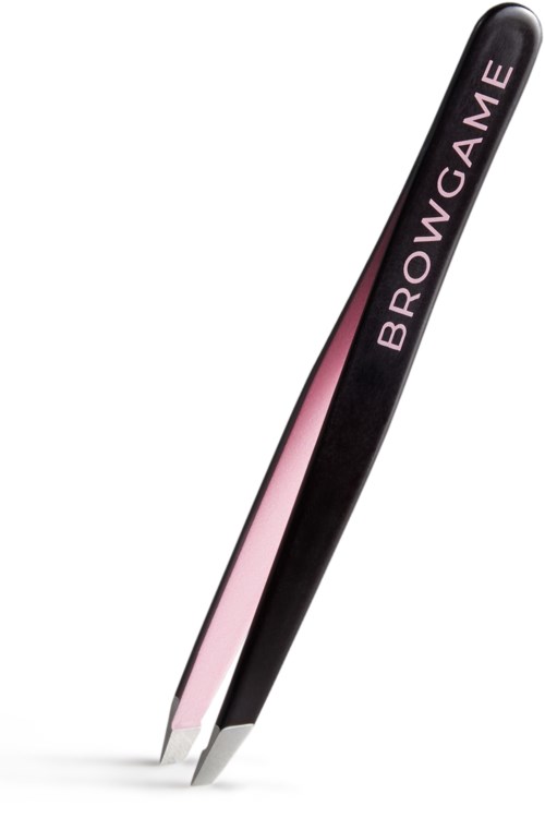 A BrowGame beauty tool with a pink and black design, shaped like a small flat tool for grooming eyebrows.