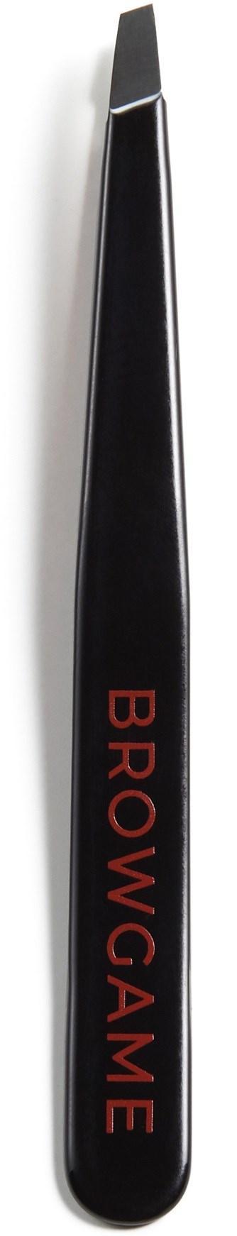 A black eyebrow brush with red letters reading "BROWGAME" on the handle.