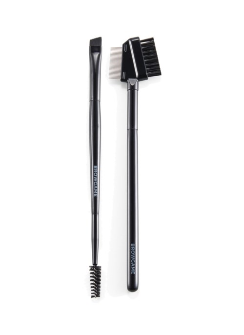 Two black grooming tools with different heads, one with a comb and the other with a brush, on a white background.