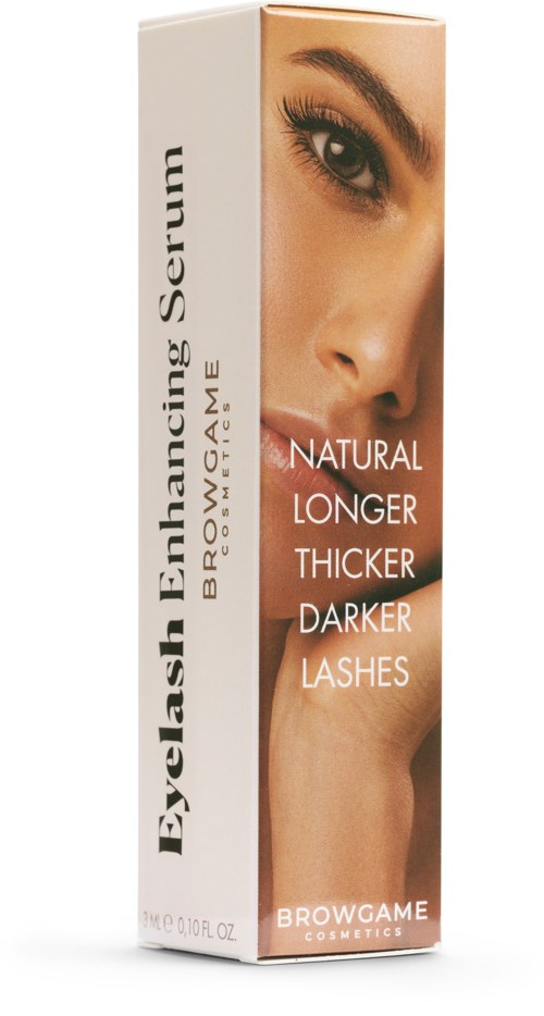 Schachtel mit einem Frauenauge und langen, dichten, dunklen Wimpern. Das Produkt heißt Eyelash Enhancing Serum fuer längere, dunklere Wimpern.