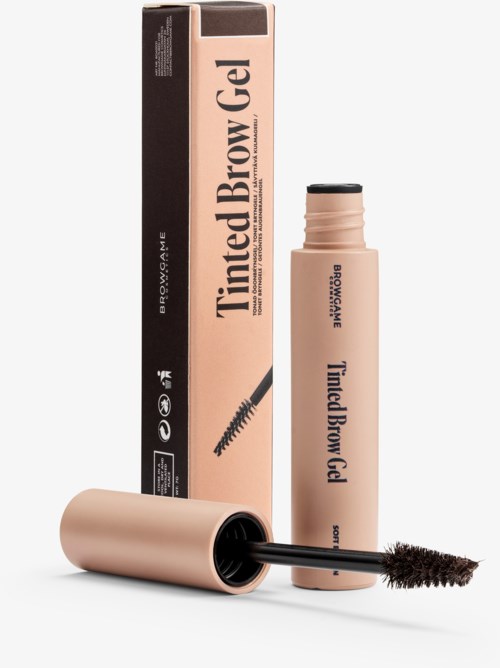 Ein Augenbrauen-Gel in einer rosa Tube mit schwarzem Bürstchen und Box. Der Text lautet Tinted Brow Gel.