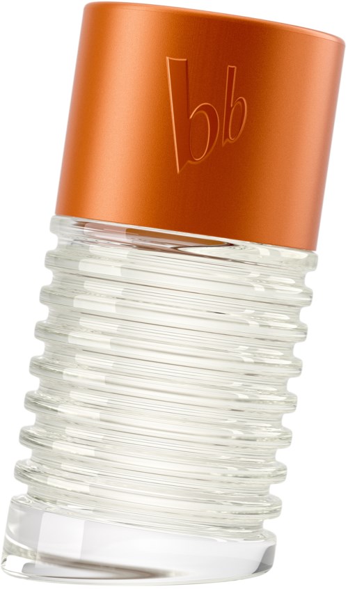 En tydlig, ribbad behållare med orange lock och bokstäverna "b|b" präglade på.