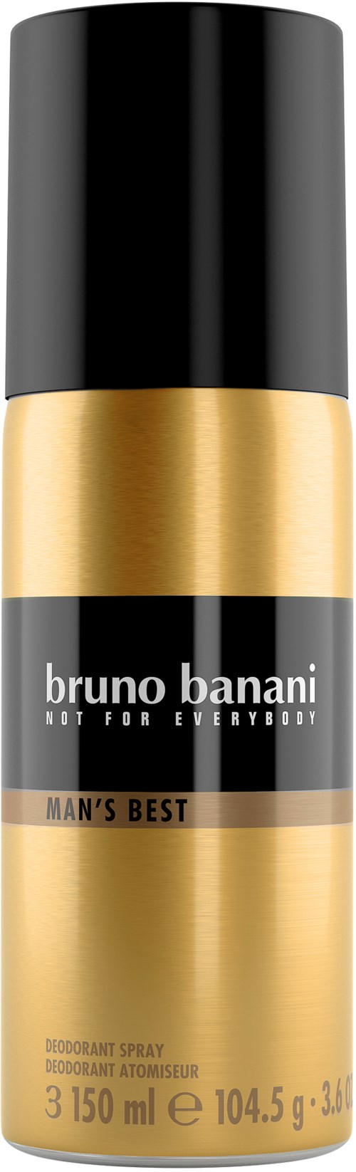 Eine schwarze und goldene Deospraydose mit der Aufschrift 'bruno banani' und 'MAN'S BEST.'