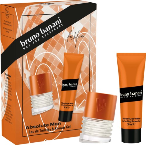 Laukku sisältää bruno banani Absolute Man suihkugeelin ja eau de toilette -tuoksuparin, oranssissa pakkauksessa.