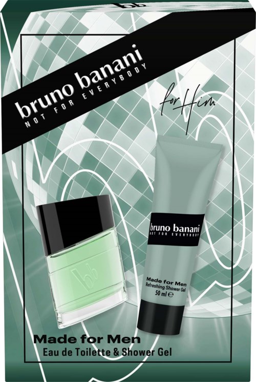 Bruno Banani Made for Men suihkugeeli ja hajuvesi setti mustassa ja vihreässä pakkauksessa.