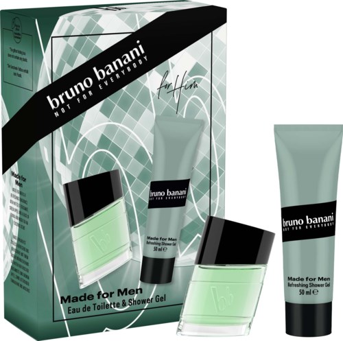 Bruno Banani Made for Men tuoksusarja sisältää suihkugeelin, eau de toilette ja kosteusvoiteen vihreissä pulloissa.
