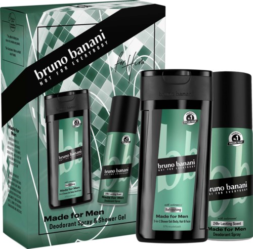 Set af Bruno Banani herreplejeprodukter, inklusive deodorantspray og shower gel, i sort og grønt emballage.