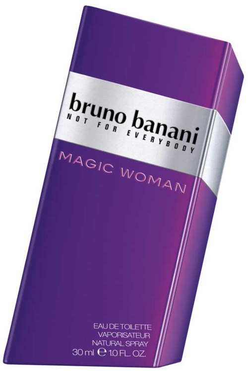 Violetti hajuvesipullo, jossa on hopeaa ja mustaa tekstiä, nimeltään 'Bruno Banani Magic Woman'.