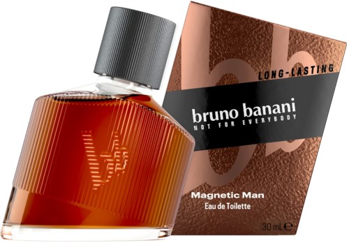 En glassflaske med herreparfyme med sølvhette og en svartbrun boks merket "Bruno Banani."