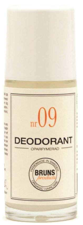 Pieni beige säiliö, jossa lukee 'deodorantti', valkoinen korkki ja yksinkertainen muotoilu, sisältää numeron 09.