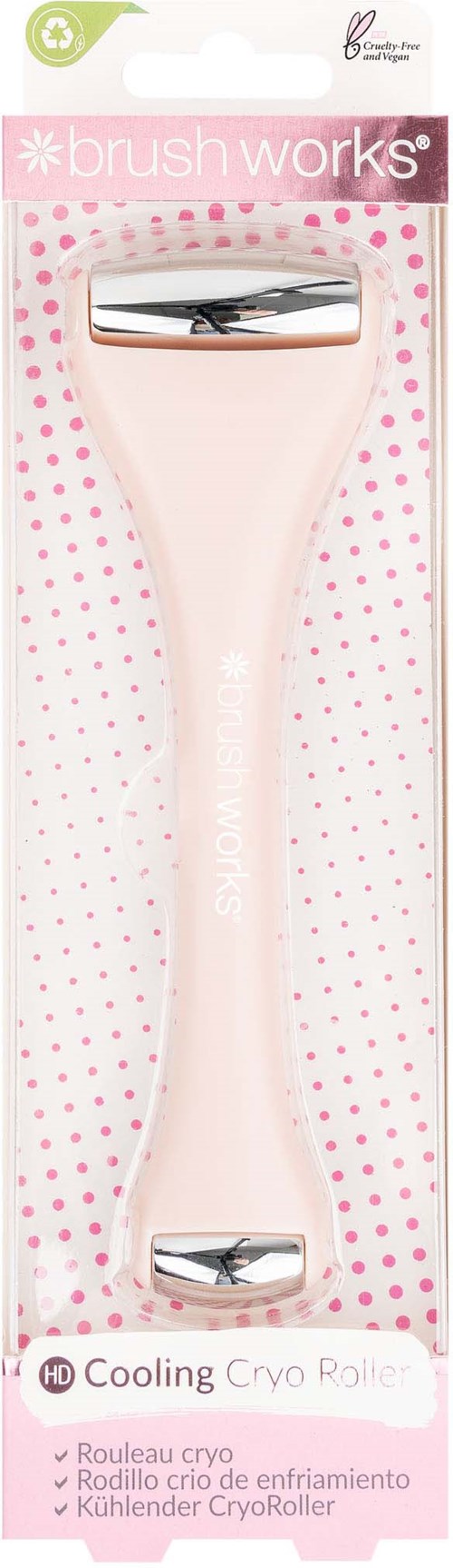 A pink and white cooling cryo roller with metal ends in packaging labeled 'brush works' for skincare.