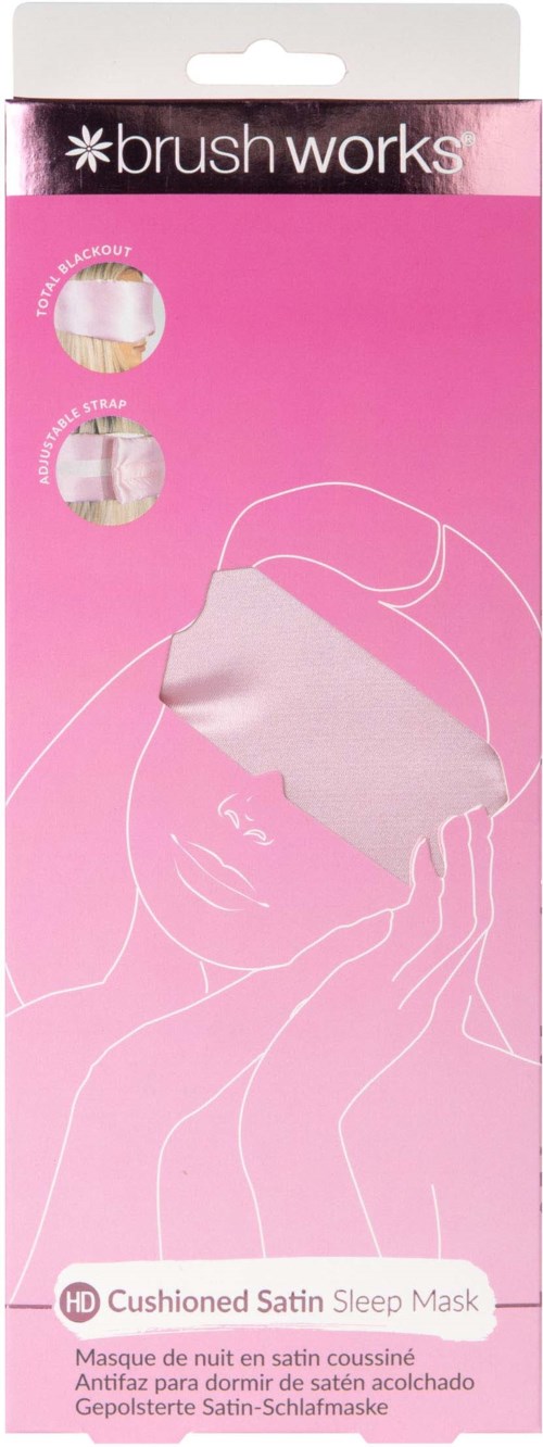 Pinkfarbige Verpackung mit Schlafmaske und Illustrationen eines Gesichts und einer Hand. Text beschreibt eine gepolsterte Satin-Schlafmaske.