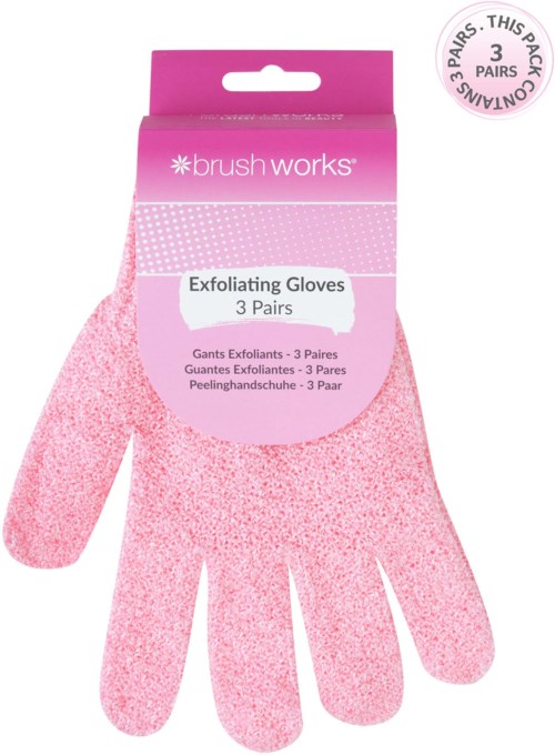 Pink exfoliating gloves in packaging for three pairs. The gloves are textured for scrubbing skin gently.