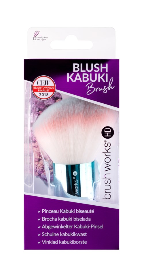 En makeupborste med fluffiga, vita och rosa tonade borstar i ett lila och vitt förpackning.