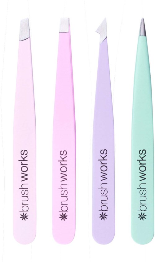 Fire gelpenne i pastel farver med clip top er vist, alle mærket 'brush works'.